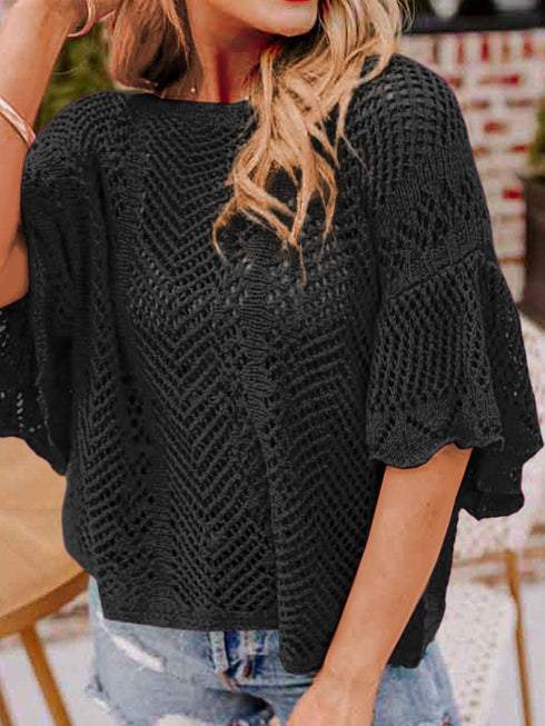 Pointelle Knit Black Scallop Trim Short Sleeve Top