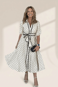 women's polka dot scalloped trim midi dress made for easy styling and wardrobe coordination, with premium-like structure and finish. with practical