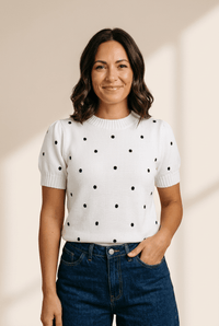 Women's Polka Dot Short Sleeve Knit Sweater with Bubble Sleeves