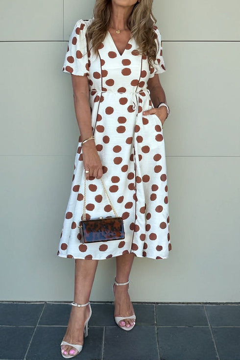 women's polka dot viscose midi dress with contrast piping made for easy styling and wardrobe coordination, with premium-like structure and finish.