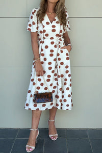 women's polka dot viscose midi dress with contrast piping made for easy styling and wardrobe coordination, with premium-like structure and finish.