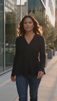 Women's V-Neck Ribbed Peplum Button-Down Cardigan made for easy styling and wardrobe coordination, with premium-like structure and finish.