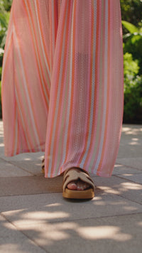 Women's Flowy Pink Striped Maxi Dress with Ruffles and Knot Detail - Perfect for Summer Vacations and Beach Days