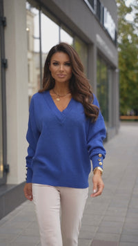 Cobalt Blue V-Neck Knit Sweater with Gold Button Cuffs with practical styling and dependable silhouette control.