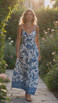 Sky Blue Floral Maxi Dress for Women - Backless Summer Evening Wear with Twisted Bust & Spaghetti Straps