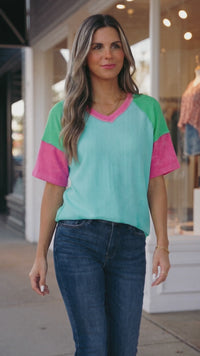 Aruba Blue Color Block Twisted Ribbed T-Shirt for Women - Chic, Comfortable Everyday Style