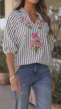 Women's Lightweight Blue Stripe Floral Embroidered V-Neck Blouse - Stylish Short Sleeve Top for Casual Outings
