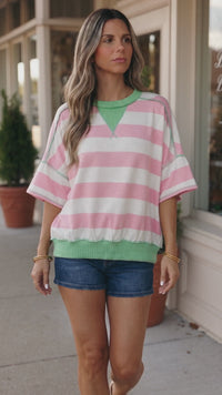 Stylish Women's Oversized Pink Stripe Ribbed Tee with Exposed Seams - Comfortable Casual Patchwork Top