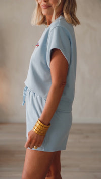 Women's Mist Blue Western Casual Two-Piece Set with Patriotic Embroidered Flag Design – Stylish & Comfortable Fit
