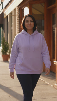 women's relaxed lavender cotton-blend hoodie with kangaroo pocket made for easy styling and wardrobe coordination, with premium-like structure and