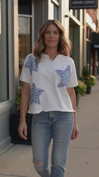 Women's Trendy White Mineral Washed Tee with Patriot Star Patches & Notched Neckline - Casual Chic Top for Everyday Wear