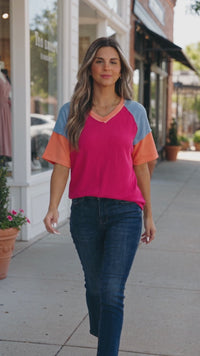 Chic Women's Rose Red Color Block Twisted Ribbed T-Shirt - Trendy Casual Fit for Effortless Everyday Style