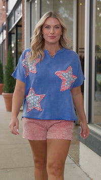 Women's Sky Blue Mineral Washed Tee with Patriot Star Patch - Trendy Casual Top with Notched Neck for Effortless Style