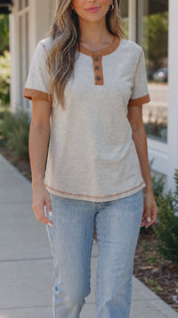 Women's Light Grey Color Block Henley Tee - Casual Button-Up Top with Raw Seam Detail for Effortless Everyday Style
