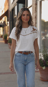 Stylish Women's White Embroidered Western Tee - Comfortable Casual Top for Everyday Outfits and Relaxed Fit