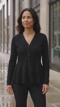 Women's V-Neck Ribbed Peplum Cardigan in Obsidian Black made for easy styling and wardrobe coordination, with premium-like structure and finish.