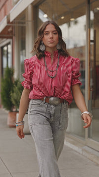 Women's Casual Chic Red Striped Ruffled Puff Sleeve Blouse with Button Front - Trendy Short Top for Effortless Style