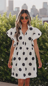 Women's Casual White Polka Dot Mini Dress with Ruffled Sleeves & Half Button Closure - Flowy Loose Fit for Summer Fun