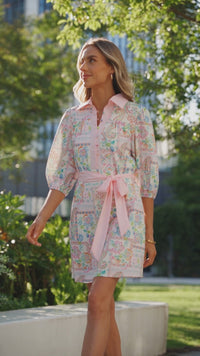 Women's Pink Boho Floral Mini Dress with Color Block Trim & Belted Waist - Effortless Style for Summer Outings