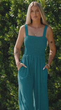 Women's Peacock Blue Smocked Square Neck Sleeveless Jumpsuit with Pockets - Stylish, Comfortable, and Chic Outfit