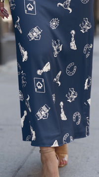 Elegant Women's Navy Blue Western Print Satin Maxi Skirt - Comfortable Fit for Chic Casual Looks