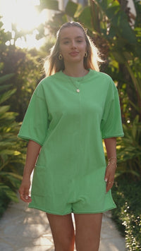 Trendy Women's Vibrant Green Loose-Fit Half Sleeve Romper with Pockets - Perfect Casual Summer Outfit