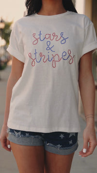 White Rhinestone Stars & Stripes Patriotic Slogan T Shirt