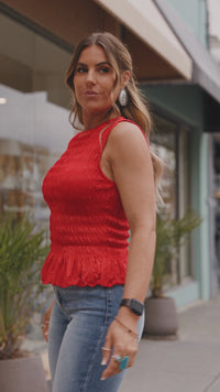 Flattering Fiery Red Shirred Ruffle Hem Tank Top for Women - Slim Fit Summer Fashion Essential with Chic Details