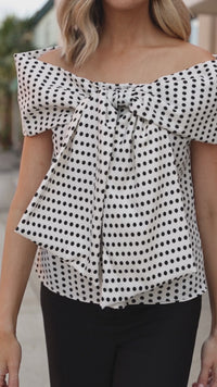 Effortless Summer Style: Women's White Polka Dot Off-Shoulder Blouse with Bow Knot and Short Sleeves for Chic Comfort