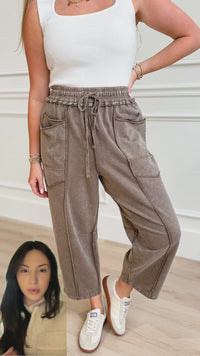 Women's Comfortable Dark Brown Loose Pants with Exposed Seams & Drawstring Waist - Stylish Mineral Wash Design