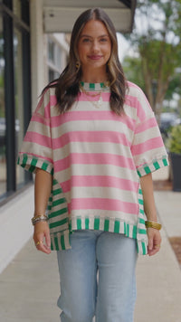 Stylish Oversized Pink Stripe Top for Women with Exposed Seams and Contrast Patchwork - Chic and Comfortable Fashion