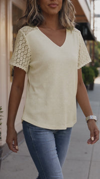 Chic Women's Beige V-Neck Waffle Knit Blouse with Lace Splice & Button Cutouts for a Stylish, Comfortable Look