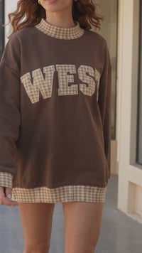 Women's Cozy Southwest Style Plaid High Neck Sweatshirt - Chicory Coffee Graphic, Relaxed Fit Casual Top