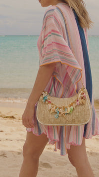 Boho Chic Women's Khaki Woven Shell Bag with Metal Chain Detail – Ideal for Casual Outings and Summer Adventures