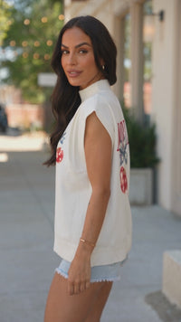 Trendy Women's Casual White Mock Turtleneck Short Sleeve Top with Cherry Print & American Slogan for Summer Style