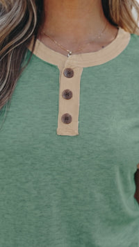 Mint Green Women's Color Block Henley Tee with Raw Seam Detail - Trendy, Comfortable Everyday Top for Effortless Style