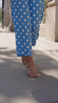 Trendy Women's Mid-Rise Sky Blue Polka Dot Straight Leg Pants with Pockets - Casual Chic Style for Everyday Wear
