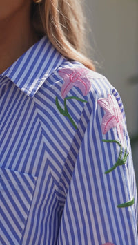 Sky Blue Striped Floral Embroidered Puff Sleeve Shirt for Women - Chic Casual Button Down Top with Comfortable Fit