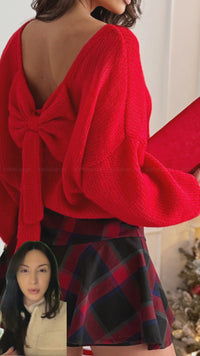 Chic Women's Fiery Red Backless Bubble Sleeve Sweater - Perfect for Festive Events with a Comfortable Fit made for easy styling and wardrobe