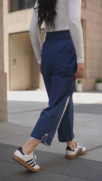 Women's Comfortable Dark Blue Cropped Casual Pants with Contrast Stripes and Smocked Waist for Effortless Everyday Style