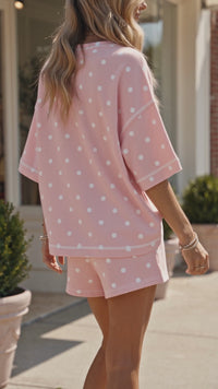Chic Women's Pink Polka Dot Loose Tee & Drawstring Shorts Set with Exposed Seam for Effortless Summer Style