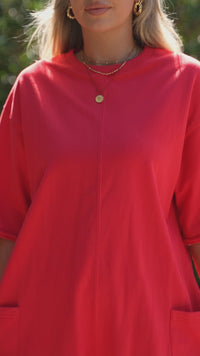 Chic Women's Fiery Red Loose-Fit Half Sleeve Romper with Pockets - Perfect Casual Summer Style