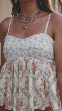 Women's Floral Patchwork Babydoll Top in White - Chic Spaghetti Strap Blouse for a Flattering Summer Look
