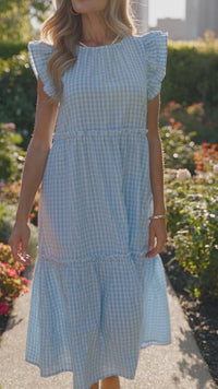 Trendy Women's Sky Blue Gingham Maxi Dress with Ruffled Sleeves and Stylish Knot Back Detail for Summer Elegance