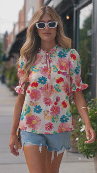 Women's Beige Floral Tie V-Neck Blouse - Short Puff Sleeve Summer Top for Casual Outings and Everyday Wear