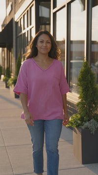 Cotton Gauze V-Neck Pocket Tunic Top in Orchid Pink with practical styling and dependable silhouette control.