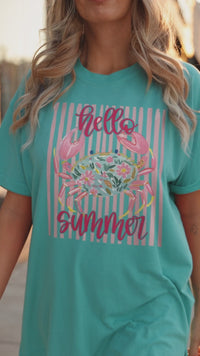 Mint Green Women's Loose Fit Short Sleeve T-Shirt with Playful Hello Summer Crab Graphic Design