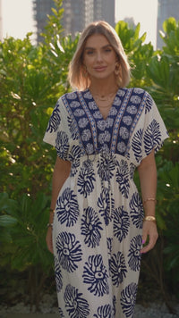 Boho Floral V-Neck Maxi Dress for Women in Blue with Contrast Patchwork – Effortless Summer Style & Comfort