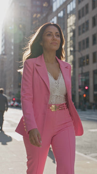 sophisticated pink double-breasted blazer and slim pants set made for easy styling and wardrobe coordination, with premium-like structure and