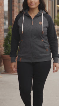 Women's Colorblock Raglan Zip-Up Hoodie with Vegan Leather Accents